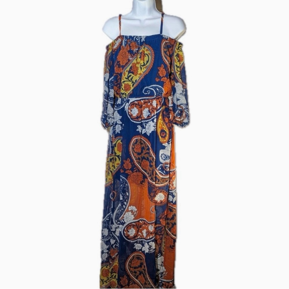 RUE 21 Women's Boho Paisley Floral Off Shoulder Maxi Dress - Blue/Orange/Yellow